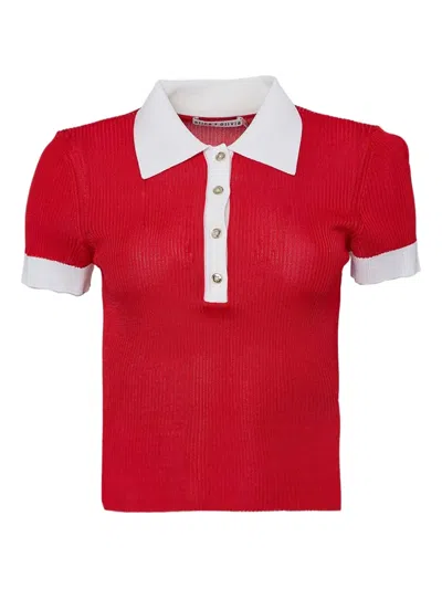 Alice And Olivia Martha Ribbed-knit Polo Top In Red