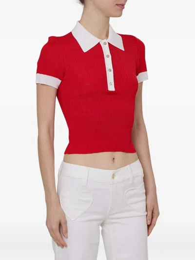 Alice And Olivia Martha Ribbed-knit Polo Top In Red