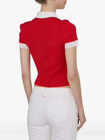 Alice And Olivia Martha Ribbed-knit Polo Top In Red