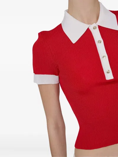 Alice And Olivia Martha Ribbed-knit Polo Top In Red