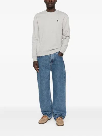 Ami Alexandre Mattiussi Ami Classic Crewneck Sweater With Ribbed Cuffs In Gray