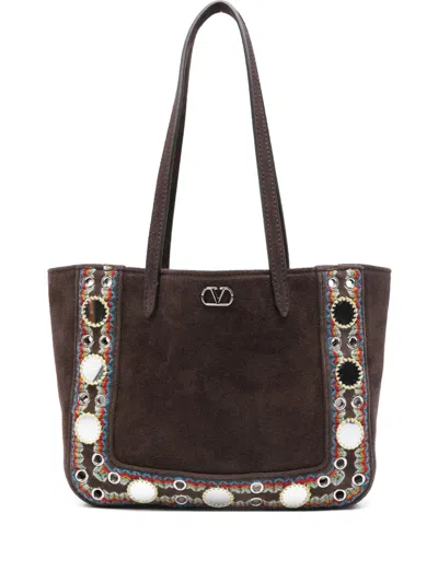 Valentino Studded Suede Double Handles Shoulder Bag In Brown