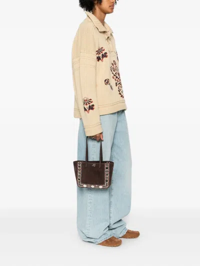 Valentino Studded Suede Double Handles Shoulder Bag In Brown