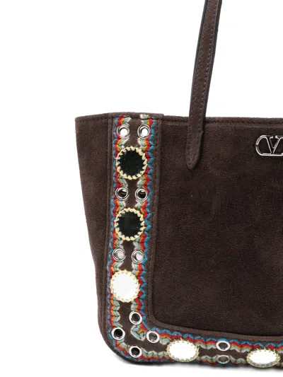 Valentino Studded Suede Double Handles Shoulder Bag In Brown