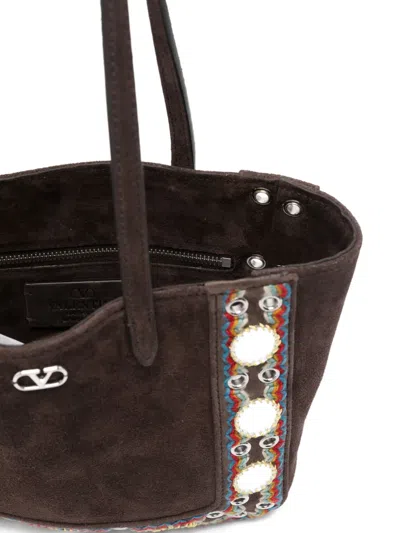 Valentino Studded Suede Double Handles Shoulder Bag In Brown