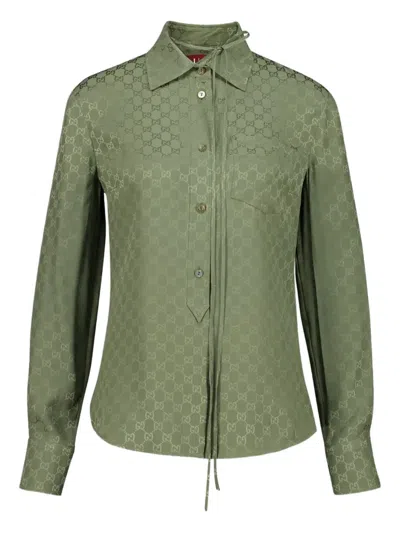 Gucci Monogram Pattern Long Sleeve Silk Top In Green