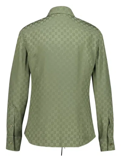 Gucci Monogram Pattern Long Sleeve Silk Top In Green
