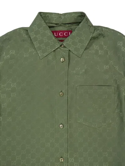 Gucci Monogram Pattern Long Sleeve Silk Top In Green