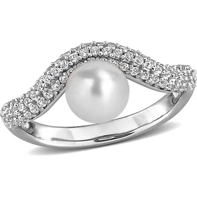 Delmar 6-6.5mm Cultured Freshwater Pearl & White Topaz Ring In Metallic