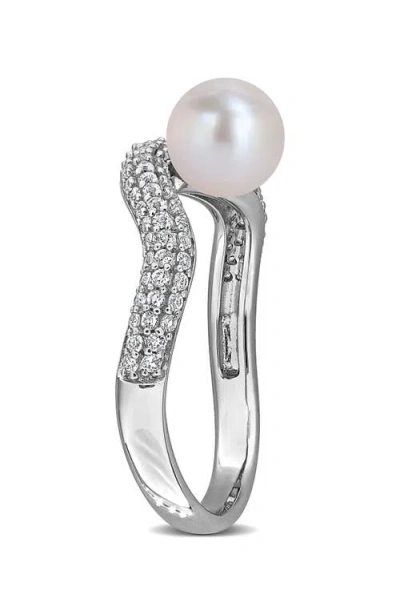 Delmar 6-6.5mm Cultured Freshwater Pearl & White Topaz Ring In Metallic