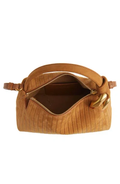 Jw Anderson Jwa Corner Small Chain-embellished Ribbed Nubuck Shoulder Bag In Brown