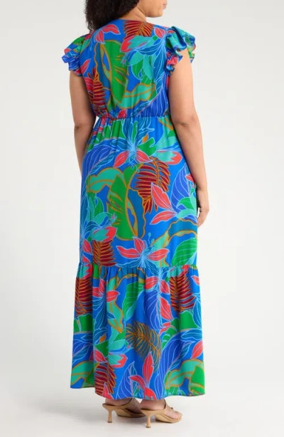 Sugarlips Malton Tropical Evianna Button Down Flutter Maxi Dress Curve In Cobalt Multi In Blue