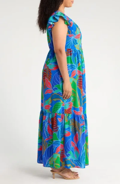 Sugarlips Malton Tropical Evianna Button Down Flutter Maxi Dress Curve In Cobalt Multi In Blue