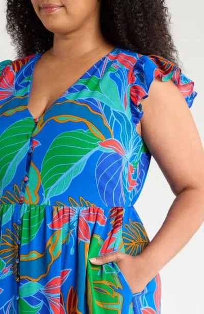 Sugarlips Malton Tropical Evianna Button Down Flutter Maxi Dress Curve In Cobalt Multi In Blue