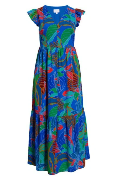 Sugarlips Malton Tropical Evianna Button Down Flutter Maxi Dress Curve In Cobalt Multi In Blue