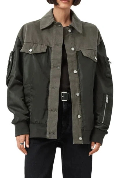 Allsaints Womens Khaki Green Verity Contrast-panel Relaxed-fit Woven Bomber Jacket