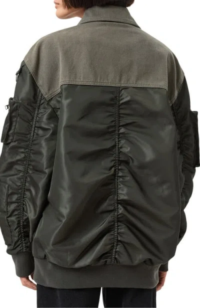 Allsaints Womens Khaki Green Verity Contrast-panel Relaxed-fit Woven Bomber Jacket