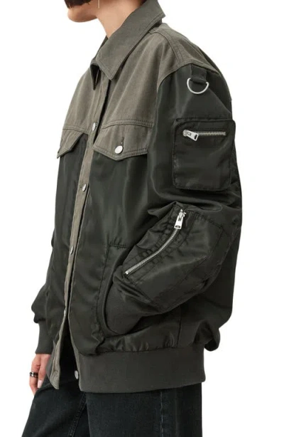 Allsaints Womens Khaki Green Verity Contrast-panel Relaxed-fit Woven Bomber Jacket