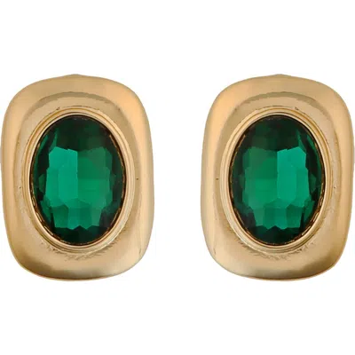Panacea Green Cubic Zirconia Square Stud Earrings In Gold