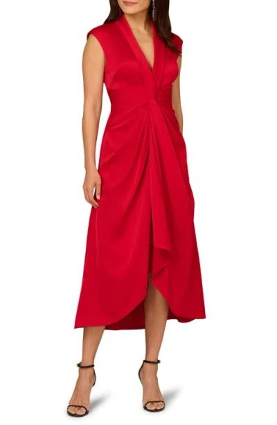 Aidan Mattox Sleeveless Pleated Twist-front Midi Dress In Red