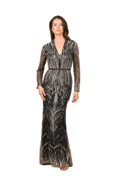 Lara New York Mandarin V-neck Gown With Long Sleeves In Gray