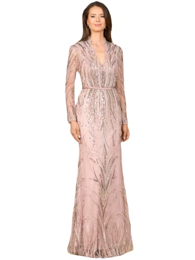 Lara New York Mandarin V-neck Gown With Long Sleeves In Brown