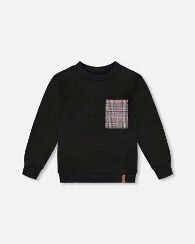 Deux Par Deux Super Soft Brushed Jersey Long Sleeve Top With Plaid Pocket In Black