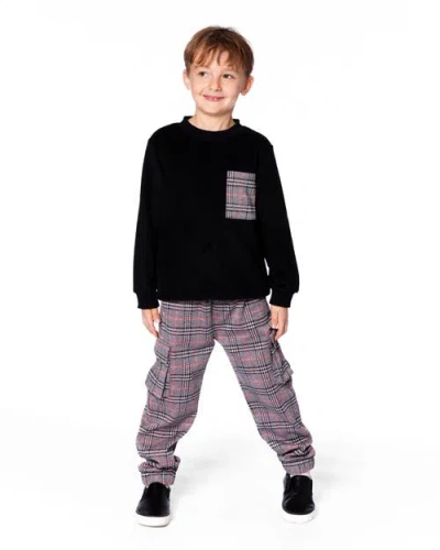 Deux Par Deux Super Soft Brushed Jersey Long Sleeve Top With Plaid Pocket In Black