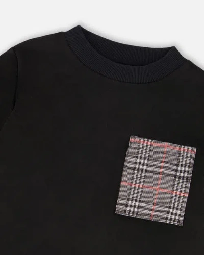 Deux Par Deux Super Soft Brushed Jersey Long Sleeve Top With Plaid Pocket In Black