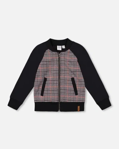 Deux Par Deux Bi-material Zip Front Jacket Plaid In Black