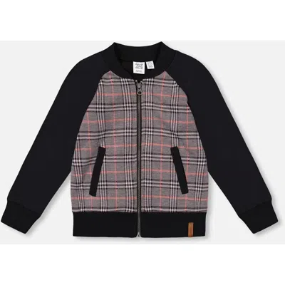 Deux Par Deux Bi-material Zip Front Jacket Plaid In Brown