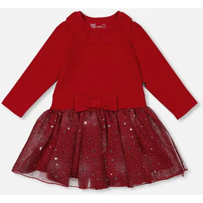 Deux Par Deux Bi-material Dress With Glittering Skirt In Red