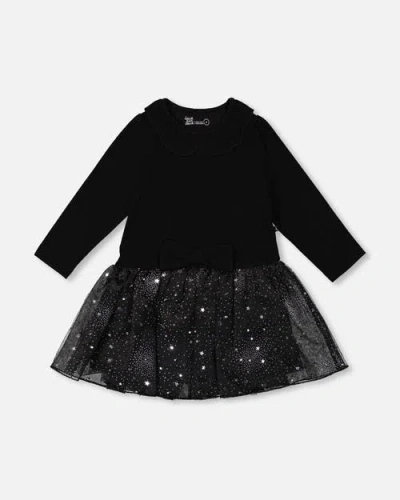 Deux Par Deux Bi-material Dress With Glittering Skirt In Black