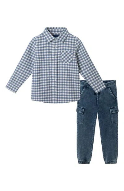 Andy & Evan Kids' Button-up Shirt & Denim Joggers Set In Multi