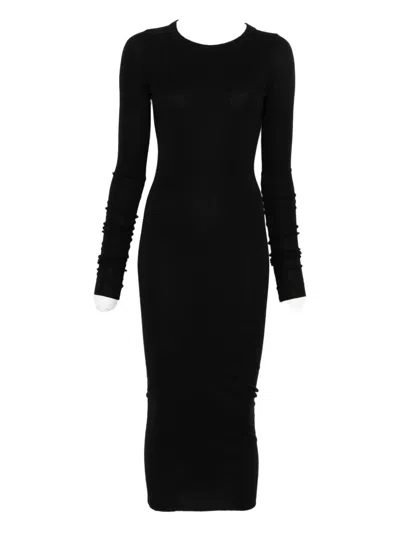 Rick Owens Midi Dress With Long Sleeves And Crew Neck In Black