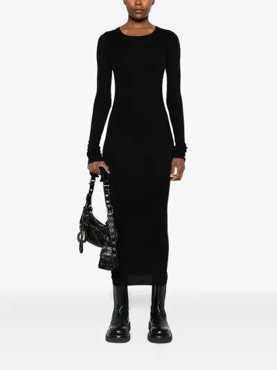 Rick Owens Midi Dress With Long Sleeves And Crew Neck In Black