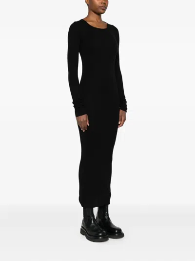 Rick Owens Midi Dress With Long Sleeves And Crew Neck In Black