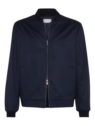 Brunello Cucinelli Cashmere Bomber Jacket In Blue