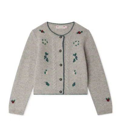 Bonpoint Jamina Wool Cardigan With Hand-embroidered Flowers In Gray