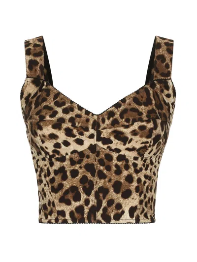 Dolce & Gabbana Printed Stretch Silk Blend Bodice In Brown