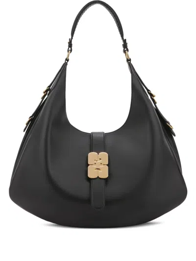 Ganni Black Leather Large Kat Shoulder Bag In Black
