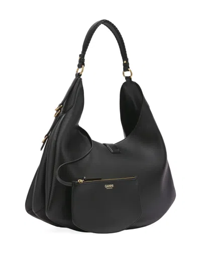Ganni Black Leather Large Kat Shoulder Bag In Black