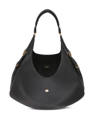 Ganni Black Leather Large Kat Shoulder Bag In Black