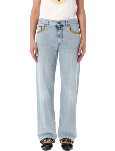 Valentino Stitched Denim Trousers With Embroidered Accents In Blue