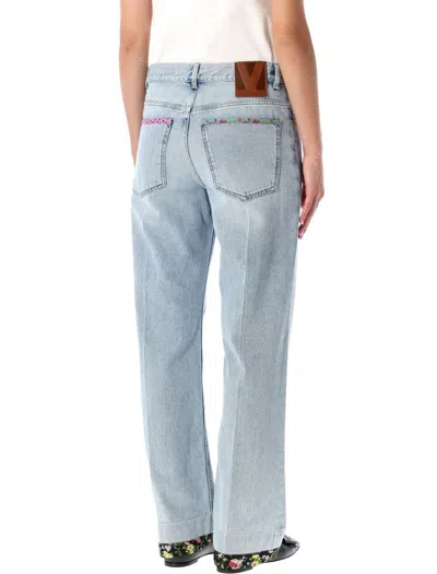 Valentino Stitched Denim Trousers With Embroidered Accents In Blue