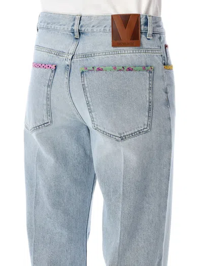 Valentino Stitched Denim Trousers With Embroidered Accents In Blue