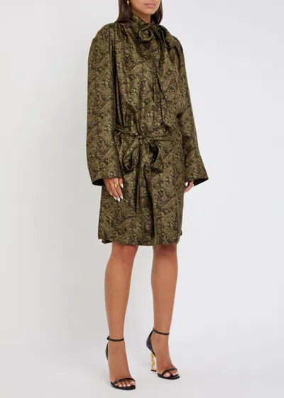 Saint Laurent Pussy-bow Belted Paisley-print Silk-twill Mini Dress In Green