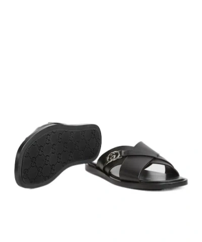 Gucci Black Leather Sandals In Black