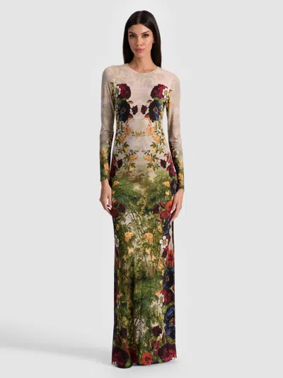 Alice And Olivia Delora Long Sleeve Crew Neck Maxi Dress Forbidden Forest In Multi