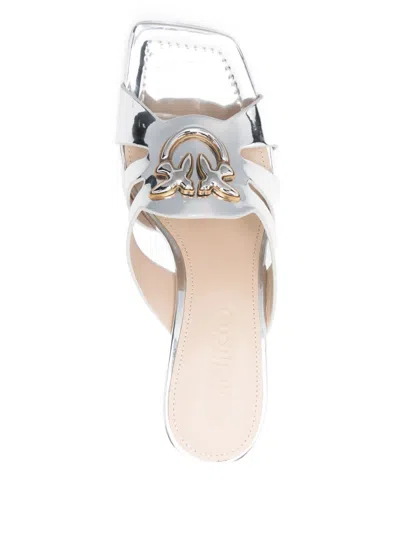 Pinko 85mm Metallic-leather Logo-plaque Sandals In Multi